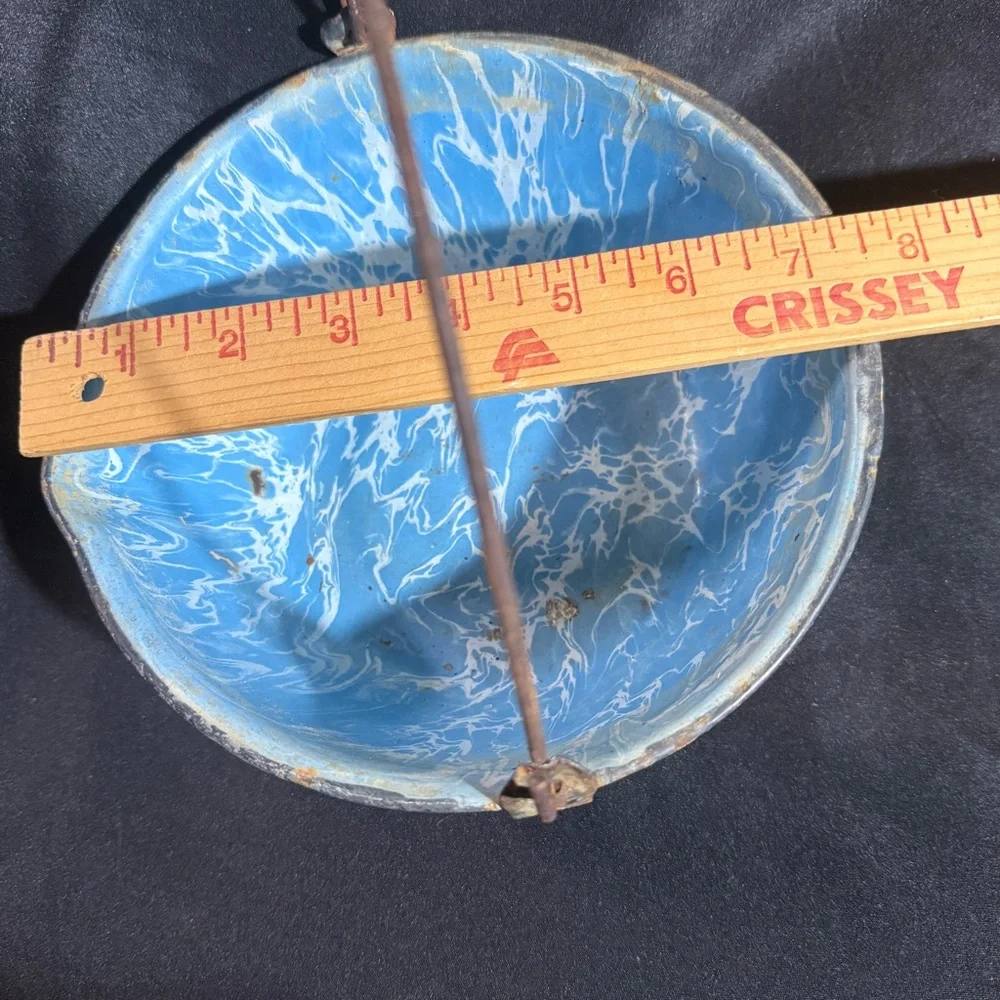 Vintage Blue Marbled Enamelware Spouted Bowl with Handle